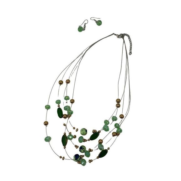 Women’s Lot Glass Bead Necklace Earring Set Green 0350 Layered Tiered 20" - Picture 8 of 11